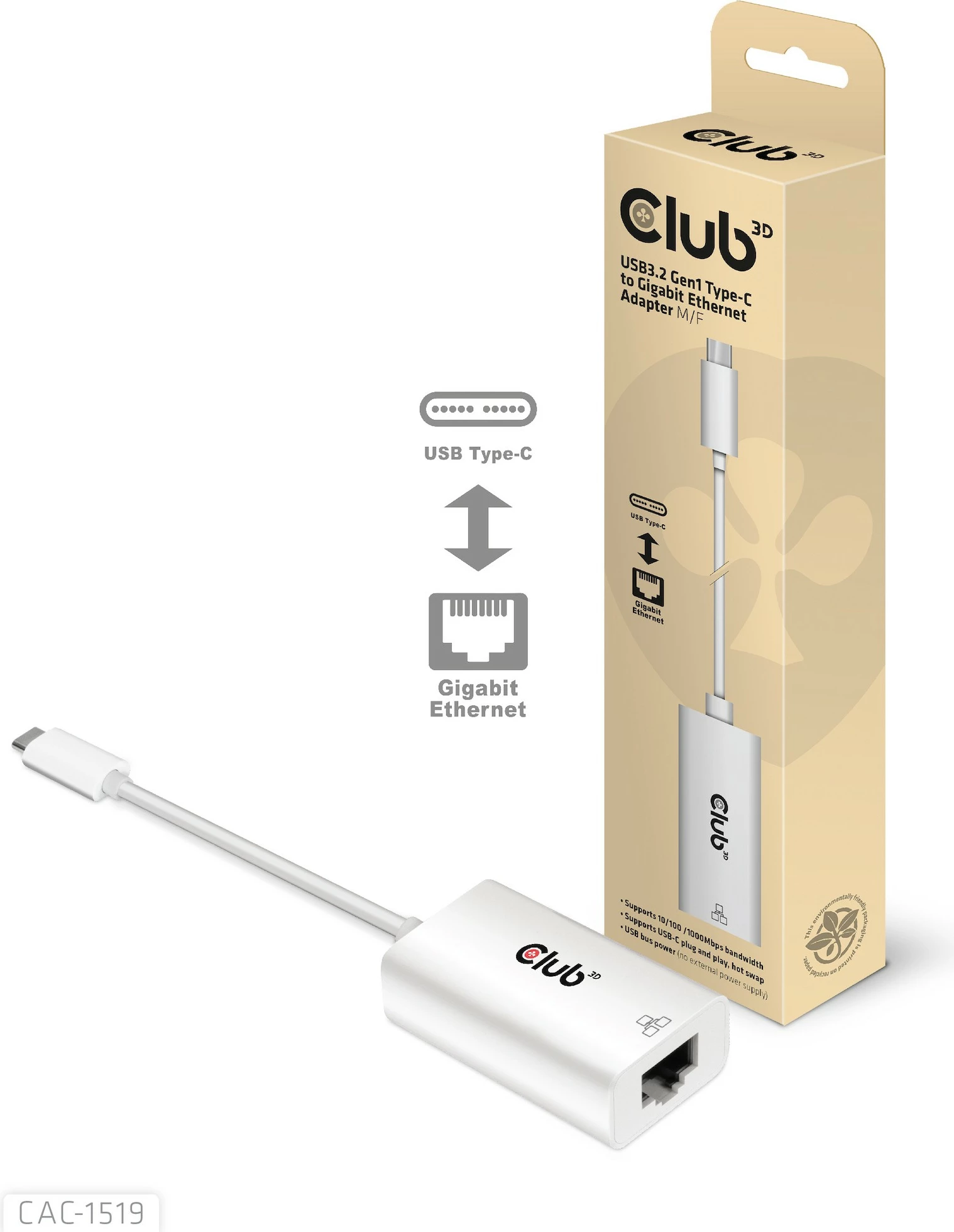 Adapter Club3D USB-C në RJ-45 Gigabit LAN, i bardhë