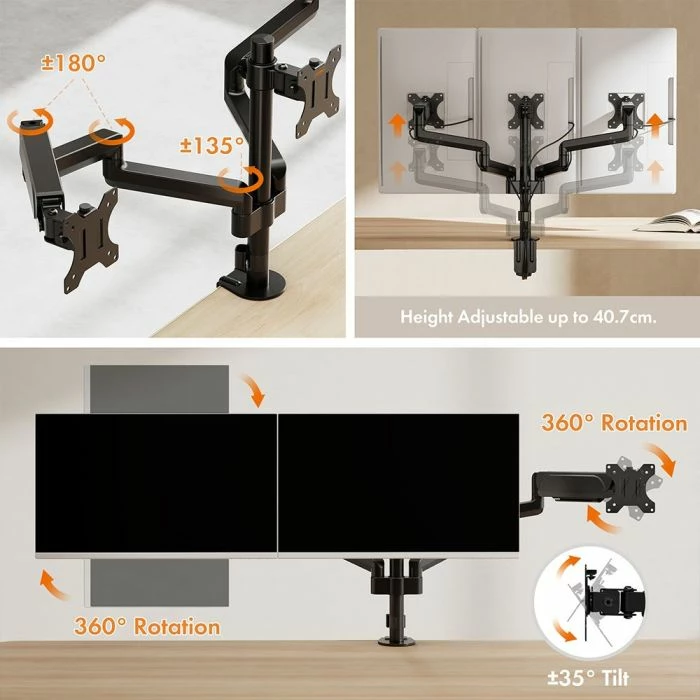 Mbajtës tavoline për 3 monitorë VONHAUS 3000243, 17-27 inç, gas spring, VESA 75x75/100x100, i zi