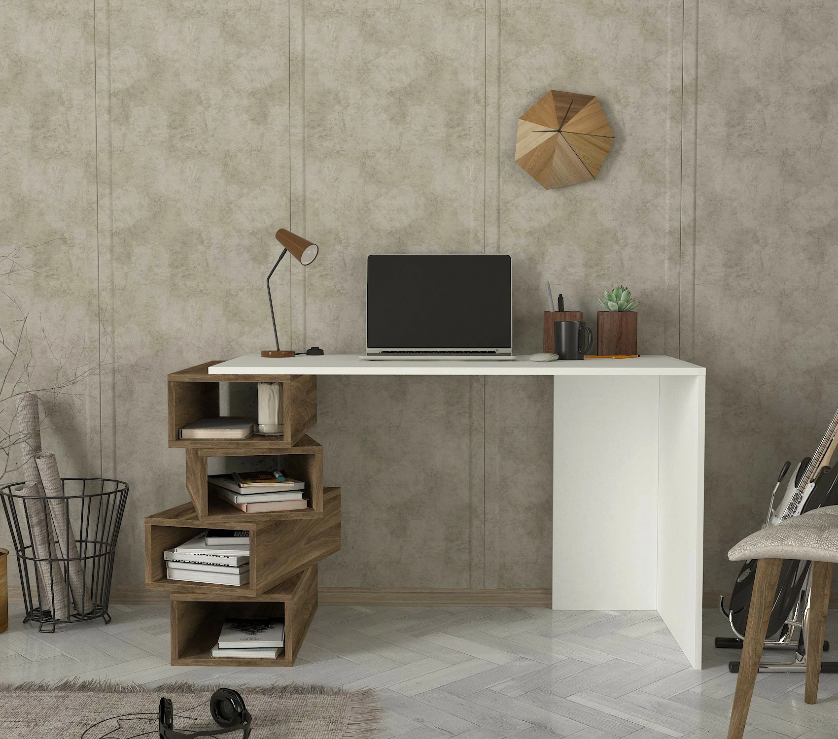 Tavolinë studimi Hanah Home, Jenga, e bardhë dhe arrë