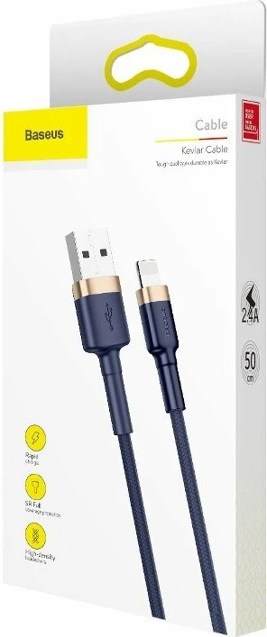 Kabllo Baseus Cafule USB në Lightning, 2m, Ari + Kaltër e errët