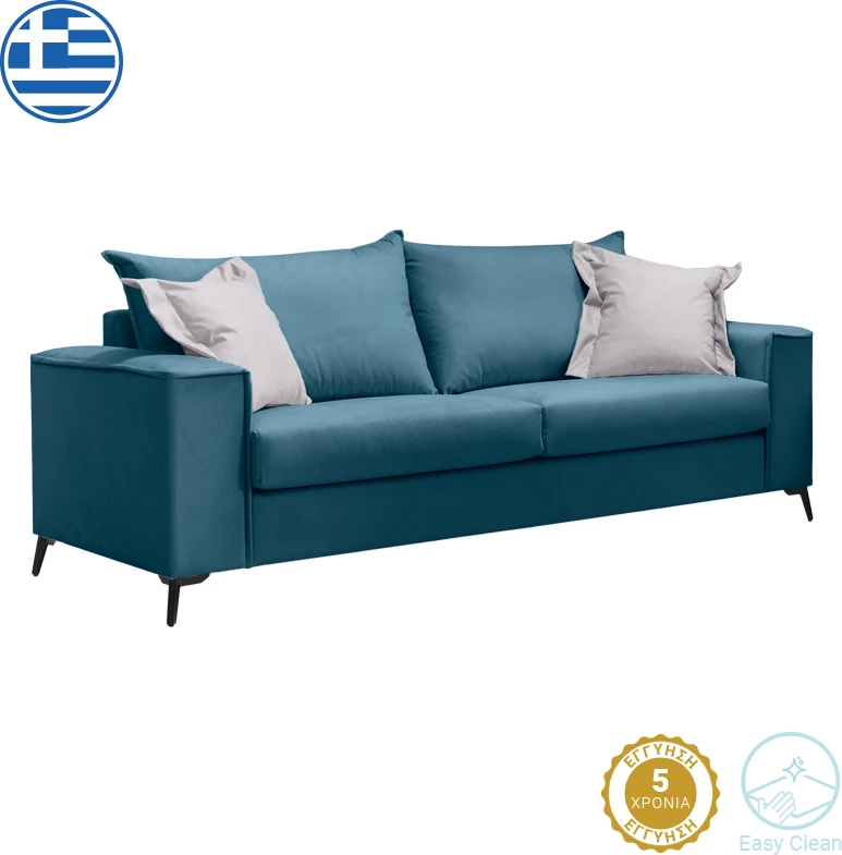 Divan Verona 3-ulës, pëlhurë blu, jastëkë ngjyrë gri e çelët, 225x93x100 cm