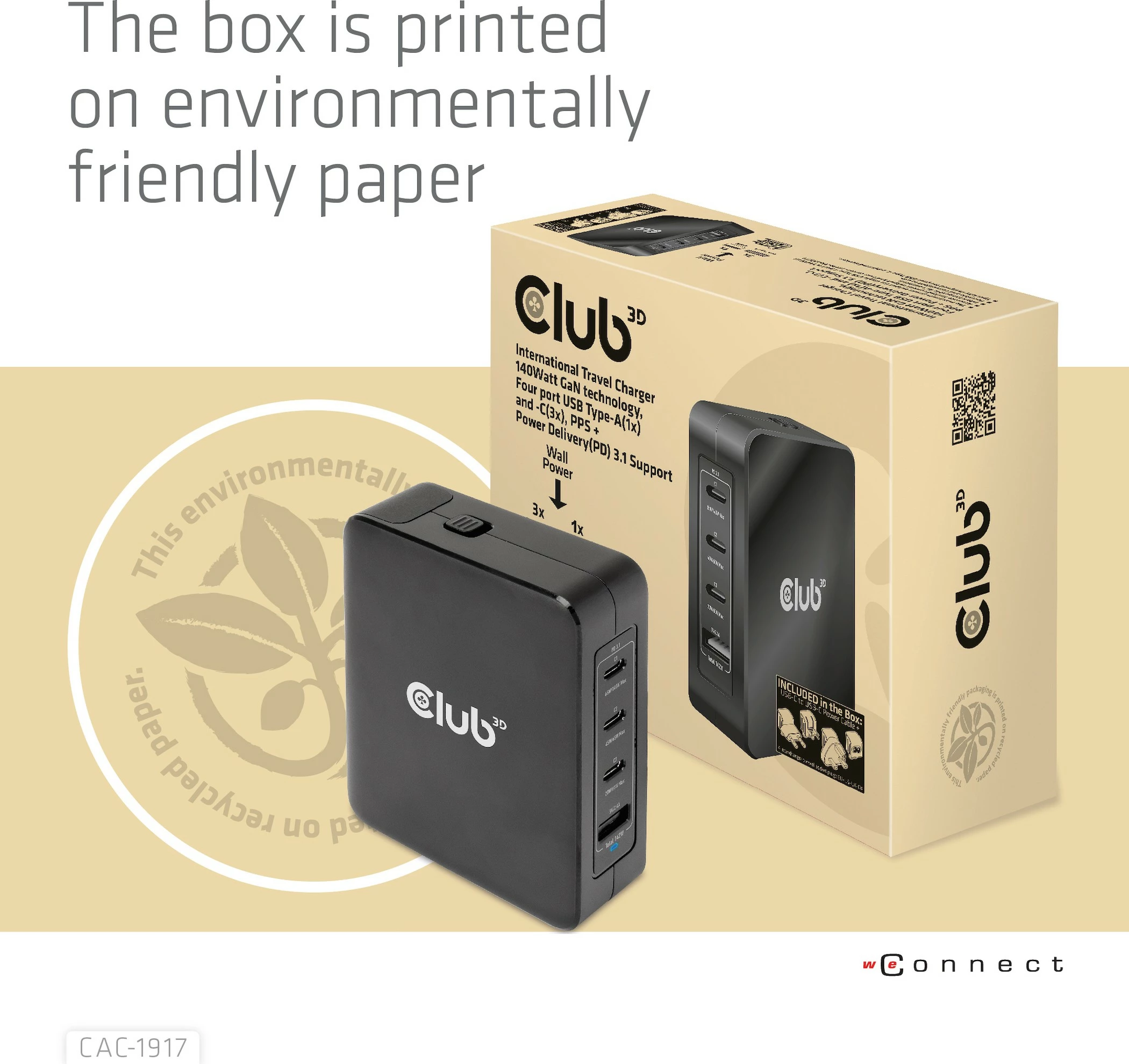 Karikues universal Club3D CAC-1917, 3x USB-C, 1x USB-A, 140W, GaN, i zi