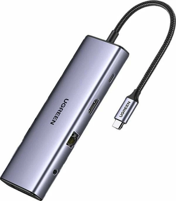 Hub USB-C Ugreen CM498 10n1, 3x USB-A 3.0, HDMI 4K@30Hz, VGA 1080p@60Hz, RJ45 Gigabit, SD/TF, AUX 3.5mm, USB-C PD 100W, gri