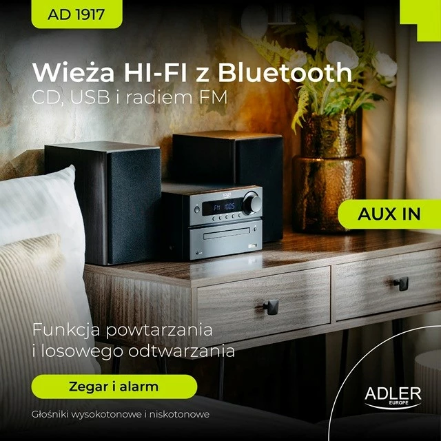 Mini tower HI-FI Adler AD 1917 me Bluetooth, CD, USB, FM Radio, e zezë