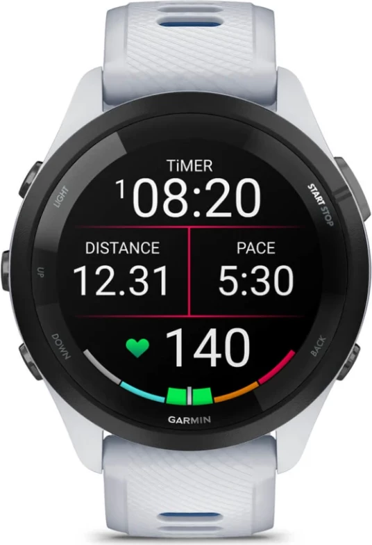 Smartwatch Garmin Forerunner® 265 Black Bezel, Stone White Case, Stone White/Tide Blue Silicone Strap, 46 mm