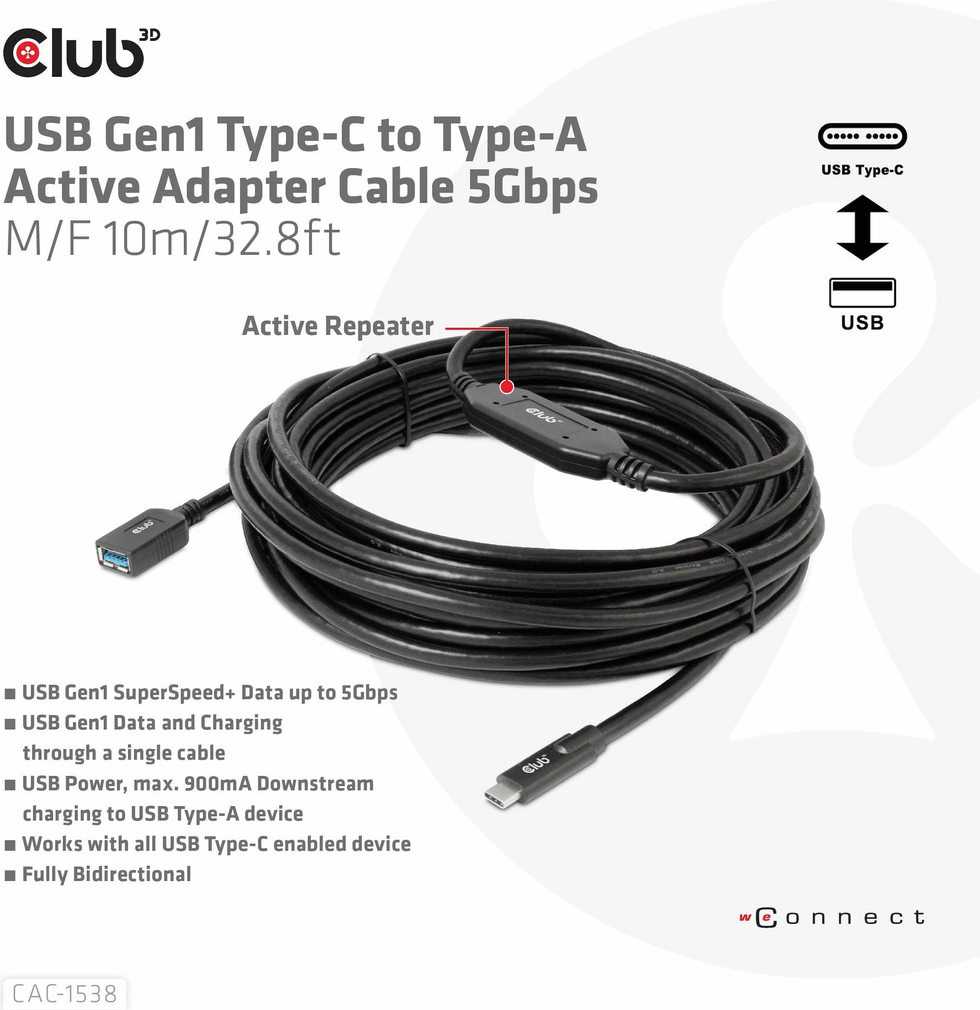 Kabllo USB Club3D CAC-1538, USB-C në USB-A, 10m, e zezë