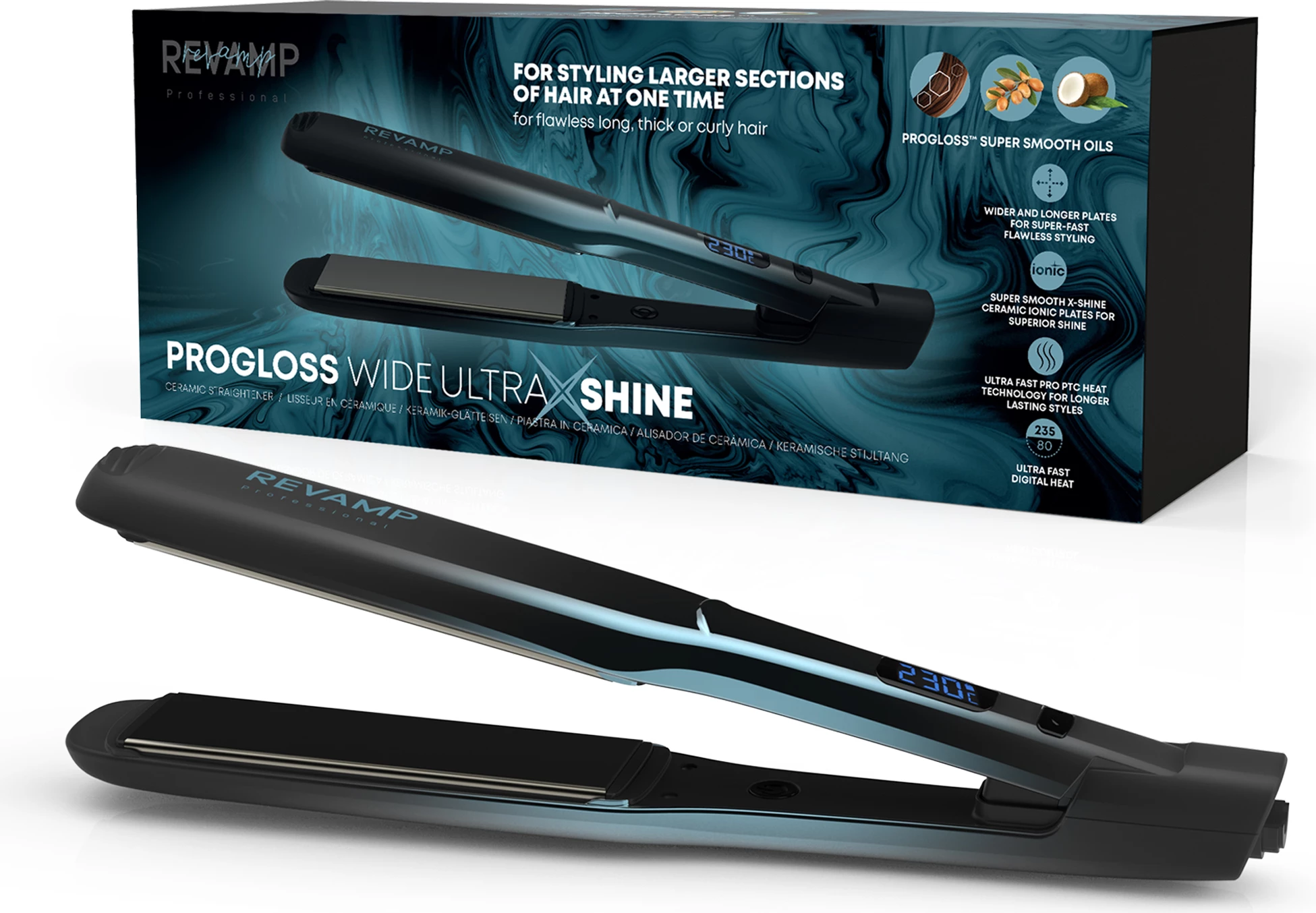 Hekur për flokë Revamp Progloss Wide Ultra X Shine ST-2000, pllaka qeramike të gjera, 80-235°C, jonik, kabllo 3 m, me pad silikoni, blu metalike