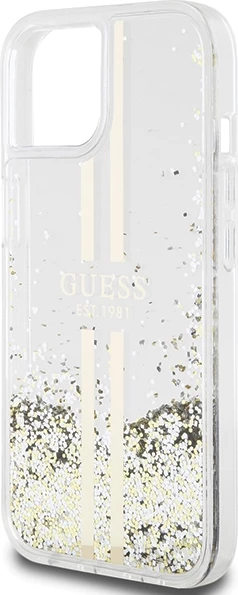 Mbështjellës Guess Liquid Glitter Gold Stripes për iPhone 15 Plus / 14 Plus, Transparent