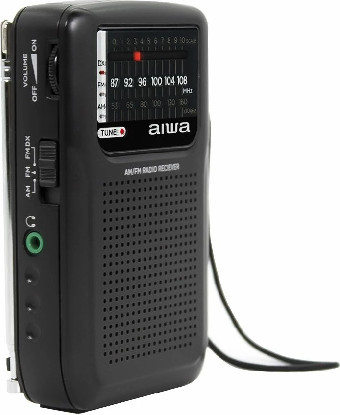 Radio portative AM/FM Aiwa RS-33, tunim analog ETS, altoparlant i integrum, dalje 3.5mm, me 2x AA, e zezë, set me kufje dhe këllëf