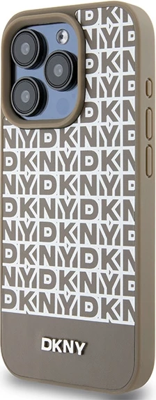 Mbështjellës DKNY Leather Printed Pattern Metal Logo MagSafe për iPhone 15 Pro, Kafe