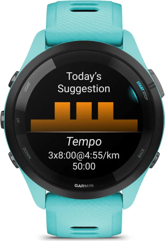 Smartwatch Garmin Forerunner® 265 Black Bezel, Aquamarine Case, Aquamarine/Black Silicone Strap, 46 mm