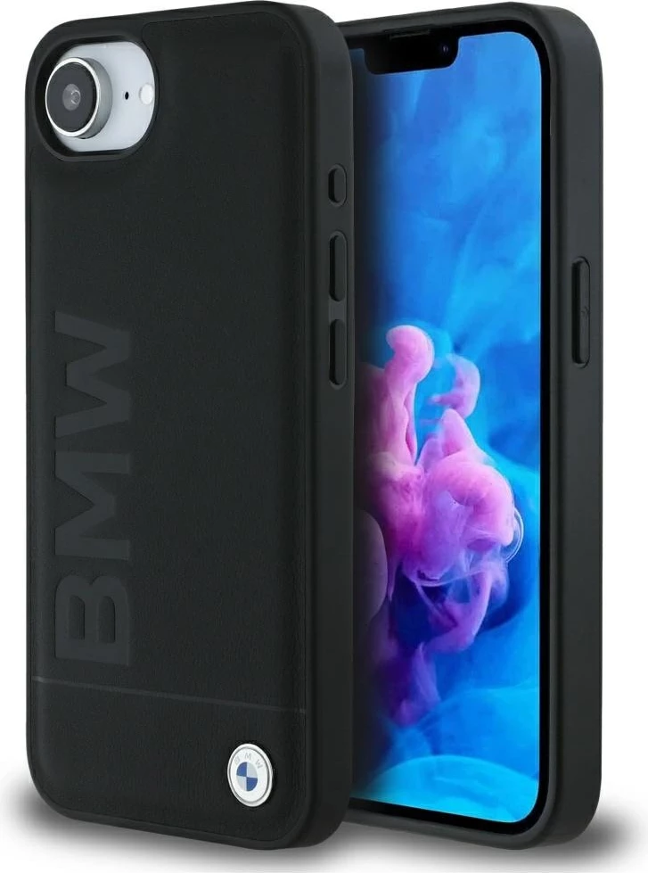 Mbështjellës BMW Leather Hot Stamp për iPhone 16e, Lëkurë natyrale, Zi
