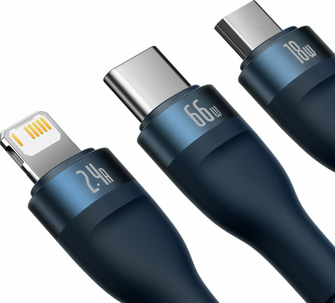 Kabllo USB 3-në-1 Baseus Flash Series II CASS040003 (BSU3888), USB-A në USB-C/Micro USB/Lightning, 1.2 m, 66W, blu