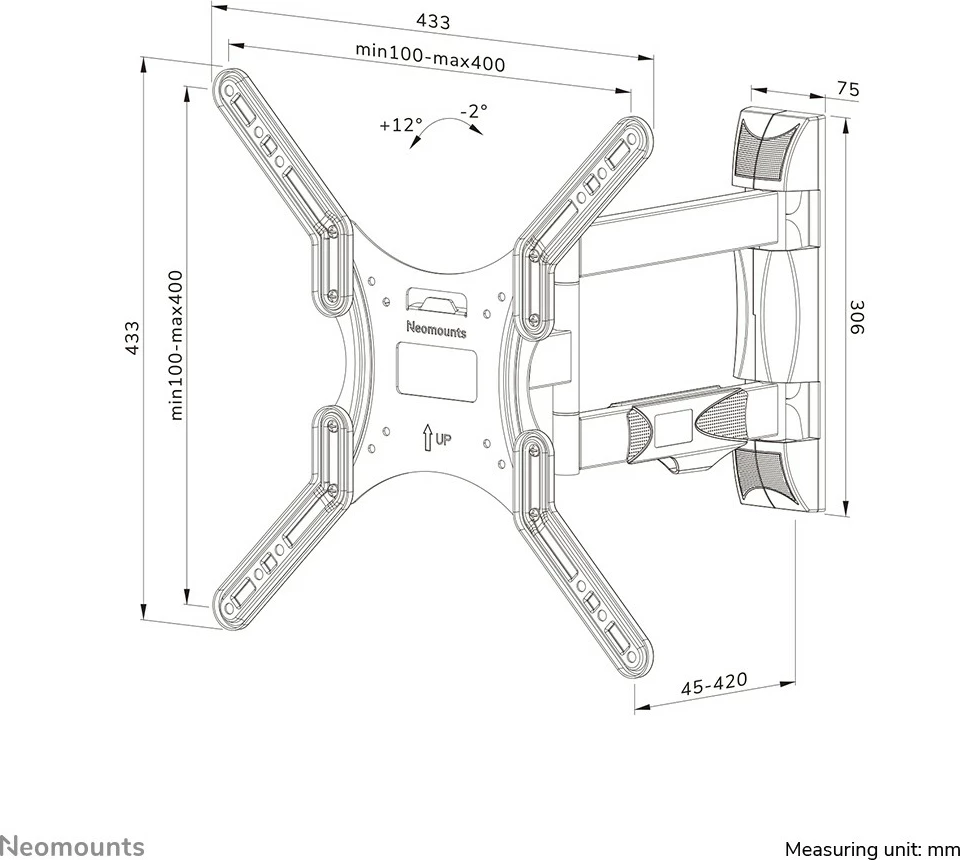 Mbajtës muri për TV Newstar Neomounts WL40-550BL14, full motion, 32-55 inç, VESA 400x400, e zezë