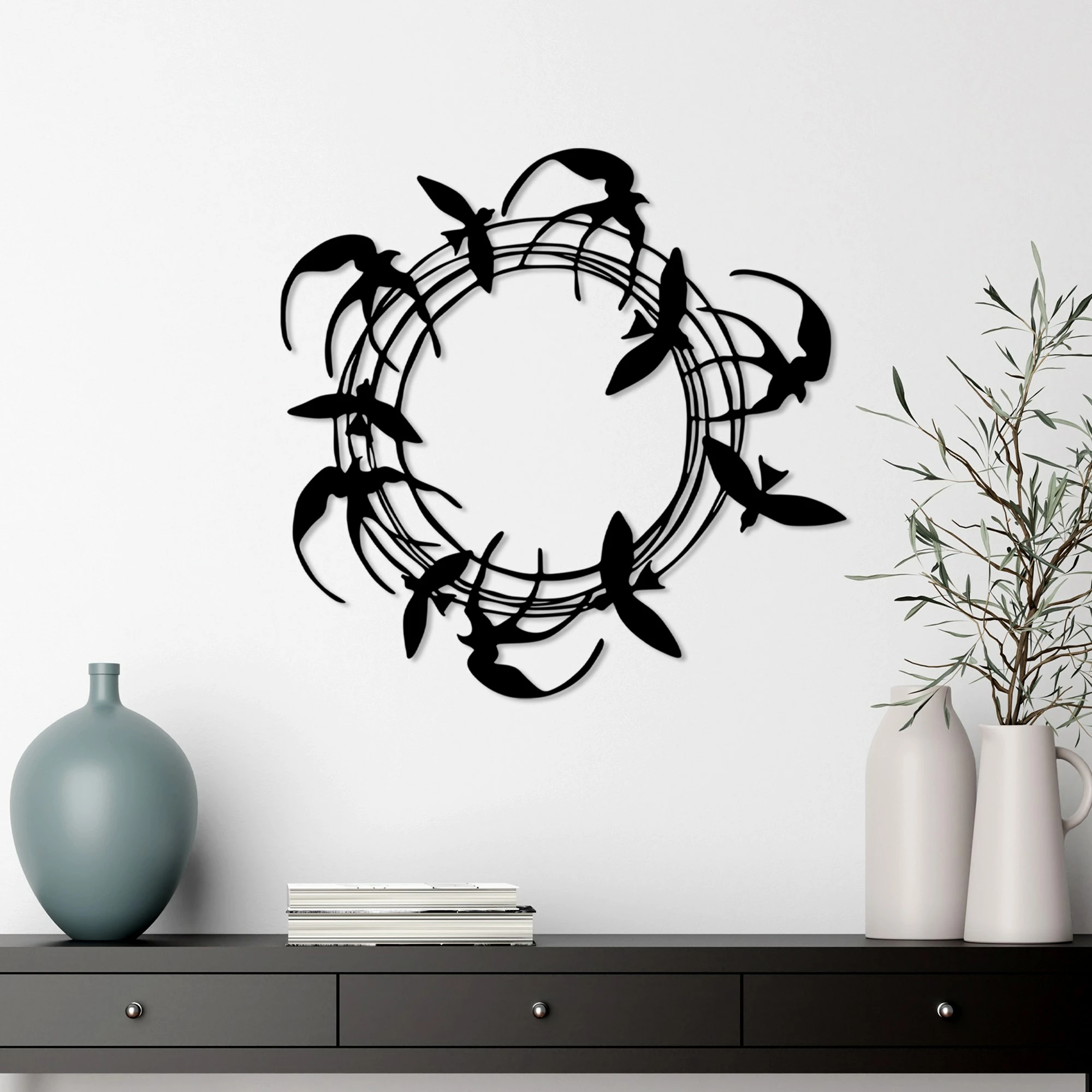 Aksesor dekorativ metalik për mur, zogj spiral, Wallity, ngjyrë e zezë, 57x55cm