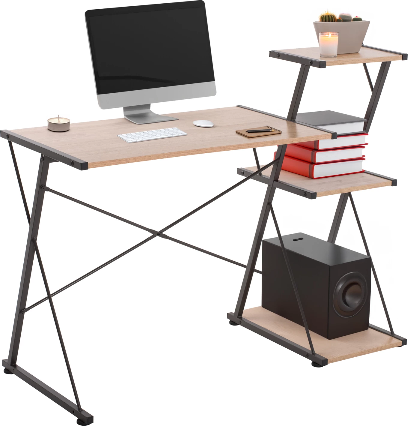 Tavolinë zyre FH9317, ngjyrë metalike e zezë me sipërfaqe tavoline MDF ngjyrë lisi, 116x48x89.5 cm