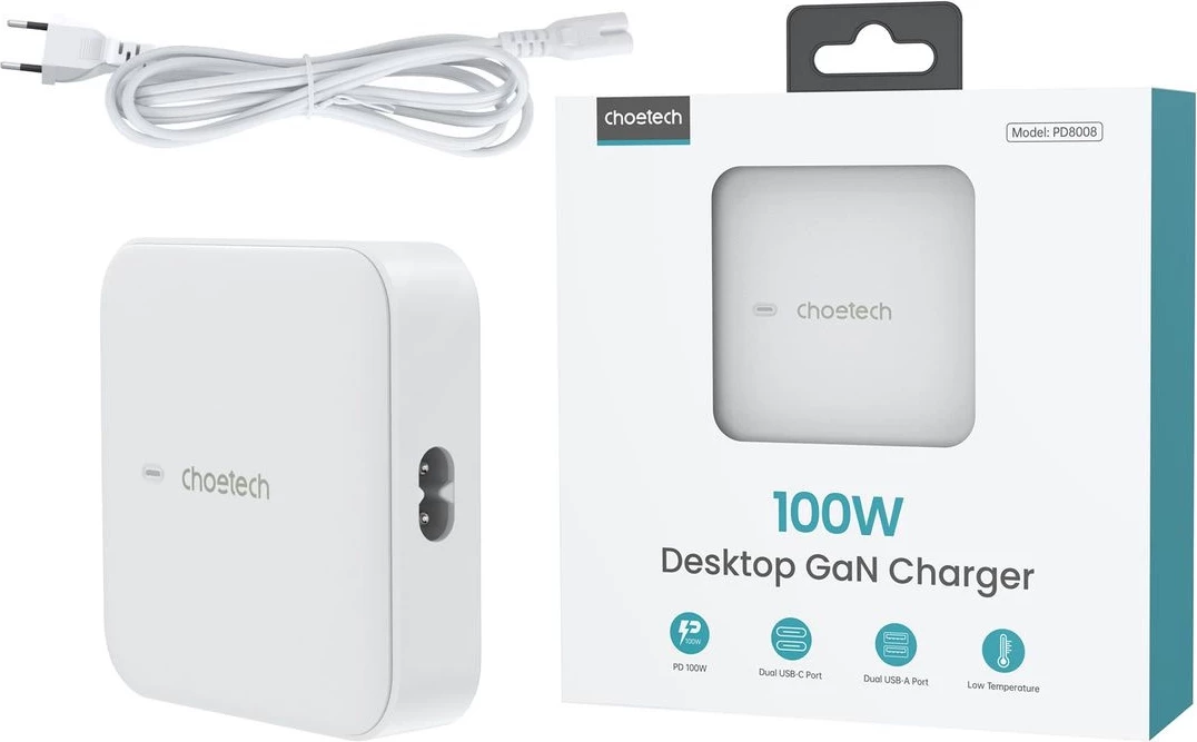 Karikues muri Choetech PD8008, 100W, 2x USB-C, 2x USB-A, i bardhë