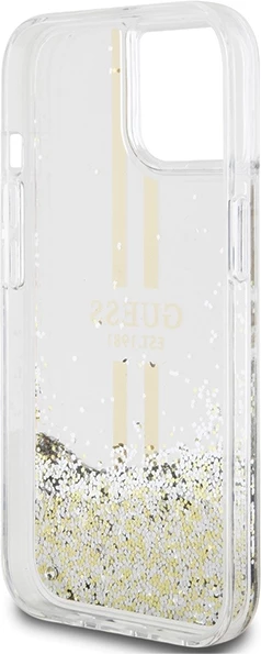 Mbështjellës Guess Liquid Glitter Gold Stripes për iPhone 15 Plus / 14 Plus, Transparent