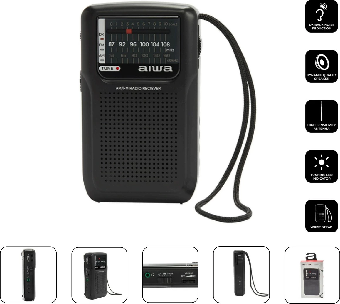 Radio portative AM/FM Aiwa RS-33, tunim analog ETS, altoparlant i integrum, dalje 3.5mm, me 2x AA, e zezë, set me kufje dhe këllëf