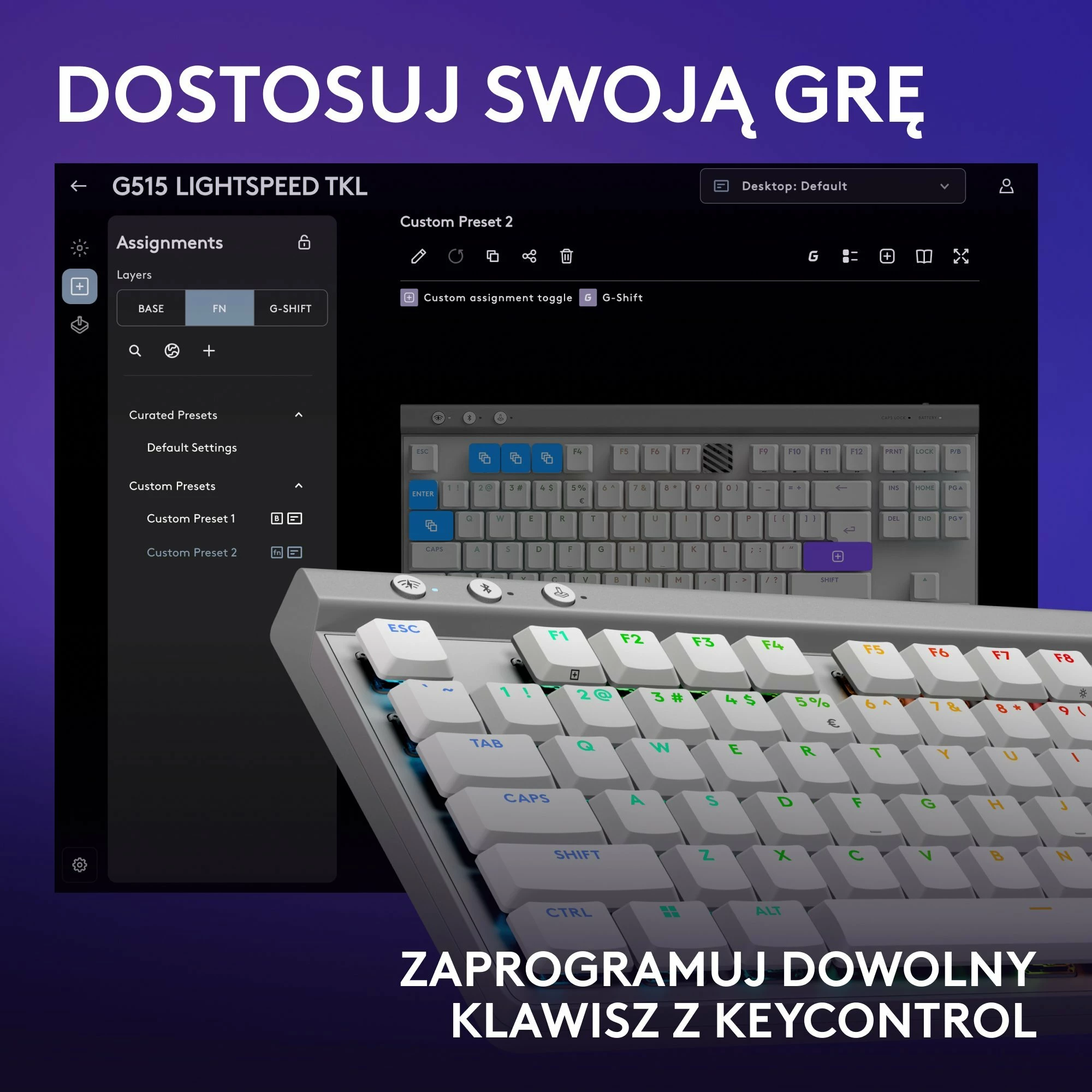 Tastierë gaming Logitech G515 LIGHTSPEED TKL 920-012539, mekanike GL Brown low-profile, RGB, Wireless/Bluetooth/USB-C, layout US, e bardhë