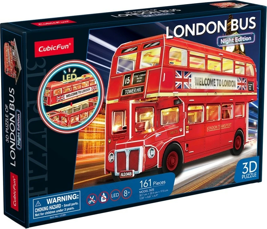 Puzzle 3D Cubic Fun London Bus me ndriçim LED, 161 pjesë, e kuqe