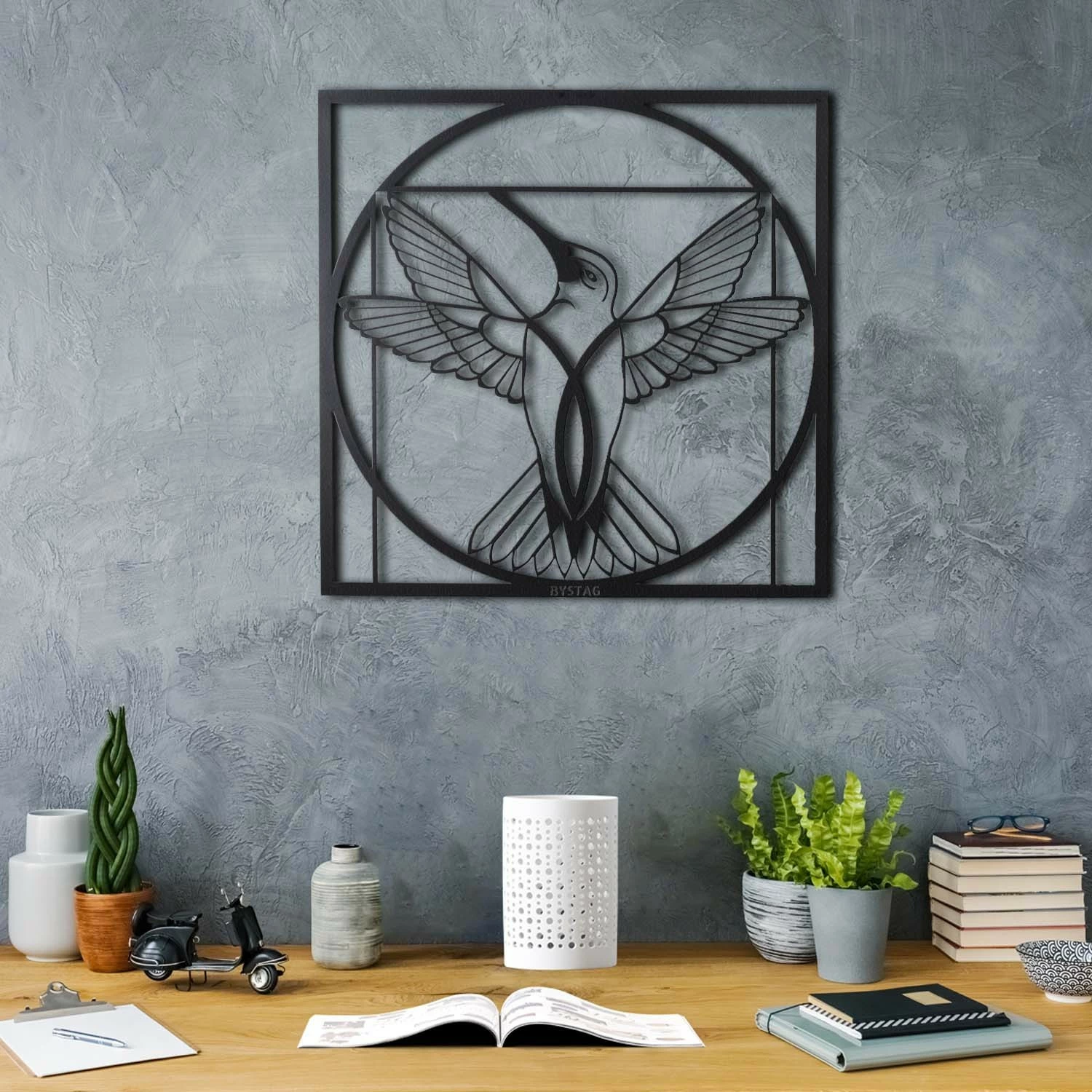 Aksesor dekorativ metalik për mur, Wallity, Da Vinci Bird, ngjyrë e zezë, 50x50cm