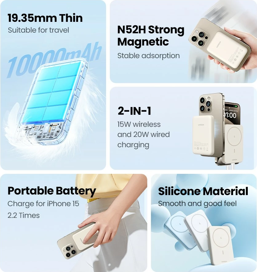 Powerbank Ugreen 25208, 10000 mAh, Power Delivery 3.0, wireless, bezhë