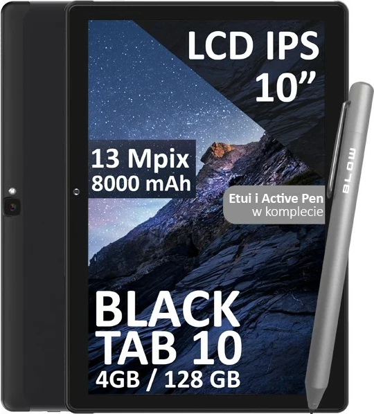 Tablet BLOW BlackTAB10, 10", 4 GB RAM, 128 GB, 4G LTE, i zi, me stilolaps dhe mbështjellës