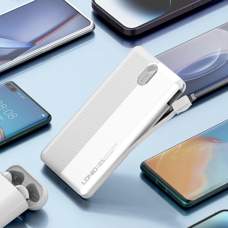 Power bank LDNIO PQ13 10000mAh 22.5W me kabllo të integruara USB-C + Lightning (1C1L) dhe 1x USB-A, e bardhë
