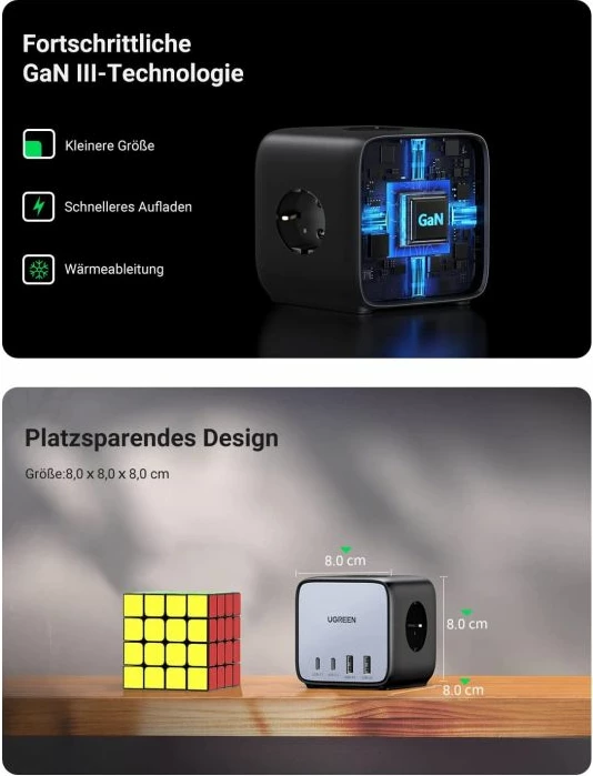 Shirit rryme/karikues UGREEN DigiNest Cube 60113 65W 7-në-1 GaN III 2xUSB-C 2xUSB-A 3xpriza AC kabllo 1.8m, zi/gri
