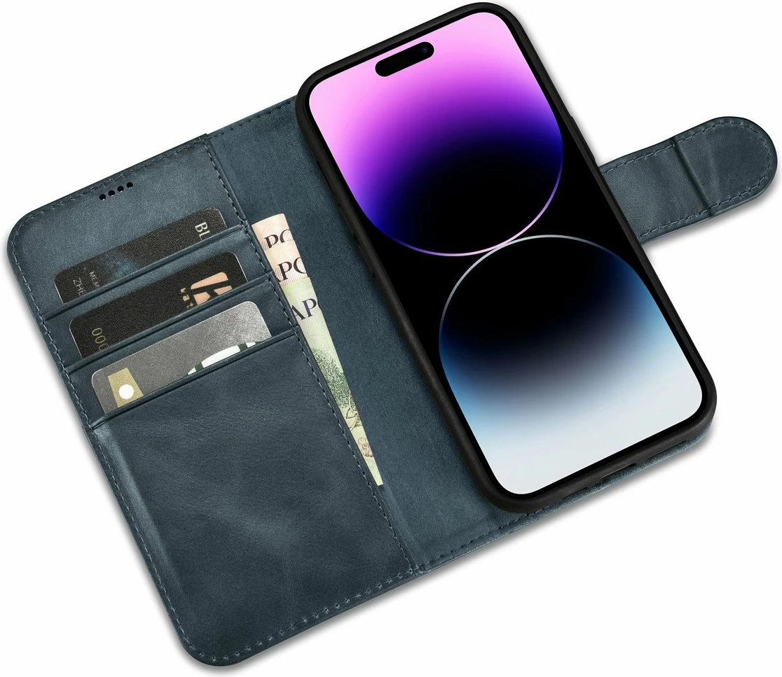 Mbështjellës iCarer Oil Wax Wallet Case 2in1 për iPhone 14 Pro, lëkurë, Anti-RFID, Blu
