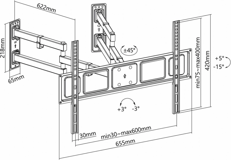 Mbajtës muri për TV ART RAMT AR-85, 32-70", metal, i zi, rregullim vertikal/horizontal, qoshe