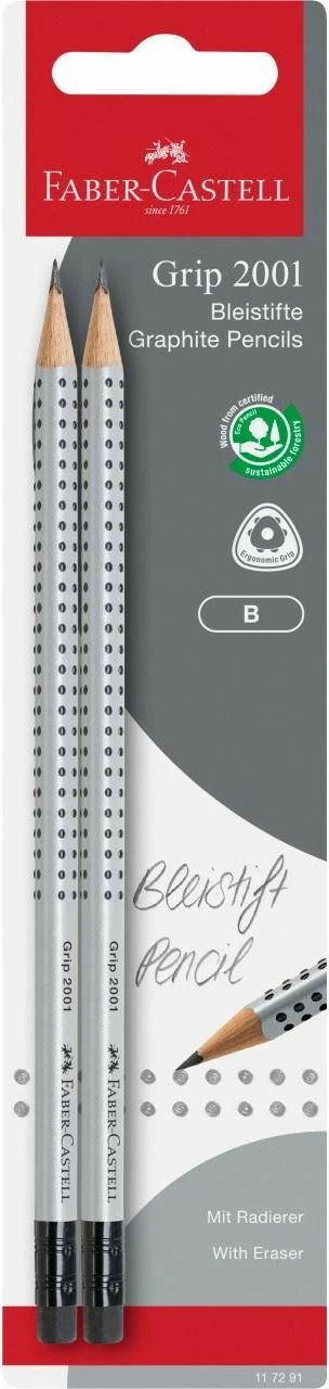 Laps grafiti FABER-CASTELL Grip 2001 me radierë, 2 copë, argjendtë