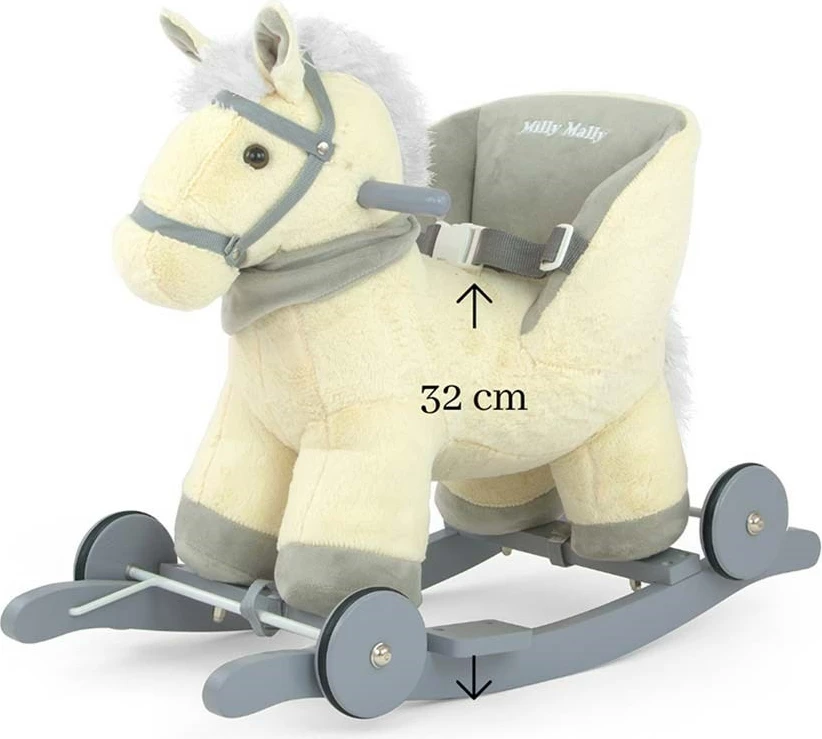Kalë lëkundës 2-në-1 me melodi dhe rrota, Milly Mally, Polly, karrige me rripa sigurie, deri 30 kg, 12–36 muaj, bezhë