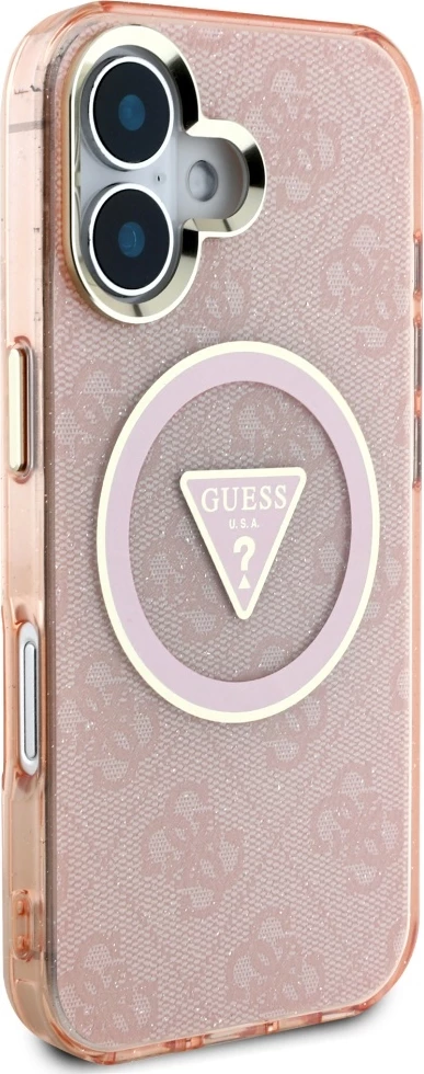 Mbështjellës Guess IML Metal Glitter 4G Circle Triangle MagSafe për iPhone 16, Rozë