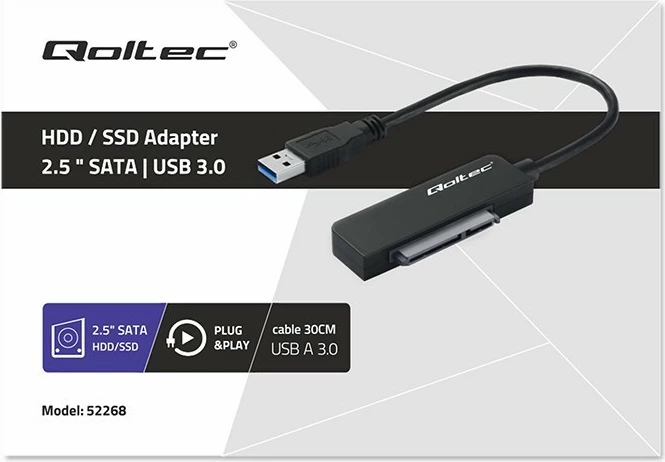 Adapter Qoltec 52268 për SSD/HDD 2.5", USB 3.0, 2TB, Zi
