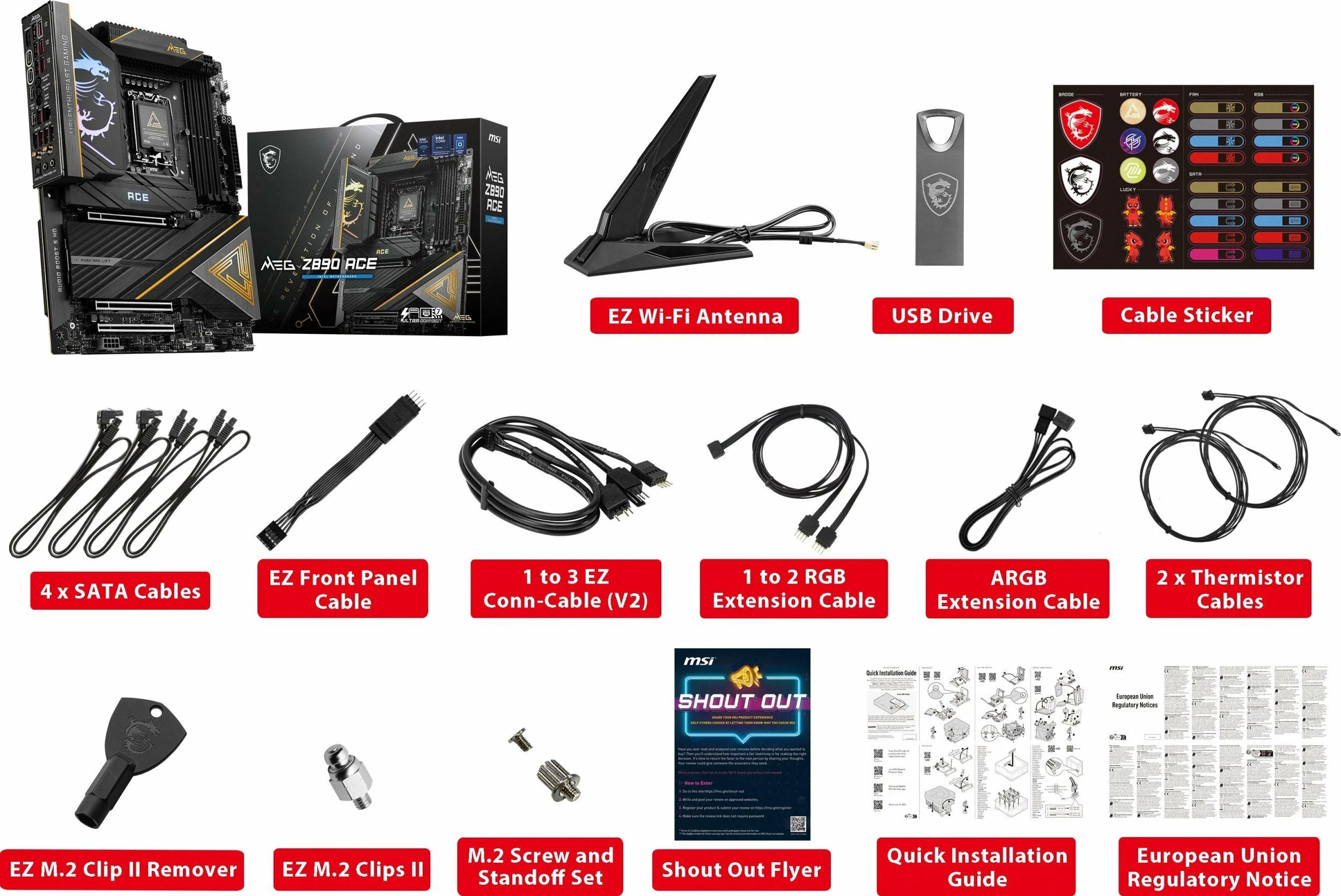 Pllakë amë MSI MEG Z890 ACE, ATX, Intel Z890, DDR5 deri 256GB, PCIe 5.0, Wi‑Fi 7, 10G LAN, Thunderbolt 4, zi/ari, set me antenë Wi‑Fi