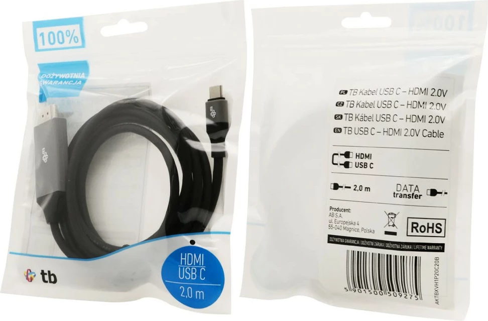 Kabllo HDMI 2.0V në USB Type C TB, 2m, E zezë