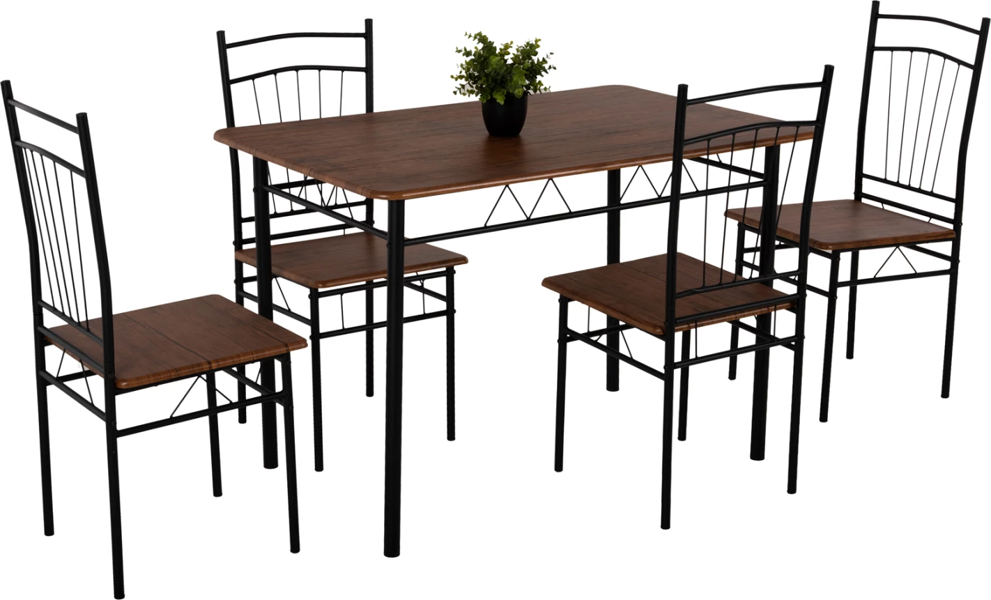 Tavolinë me karrige, 5 copë, PEARY FH9416.11, metal i zi-MDF, ngjyrë arre, 110x60x74 cm