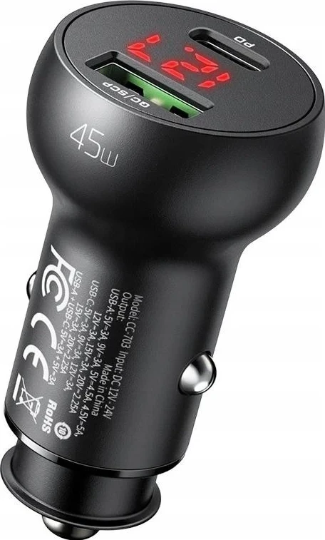 Karikues për në makinë McDodo CC-7030, USB + USB-C, me ekran, 45W (e zezë)