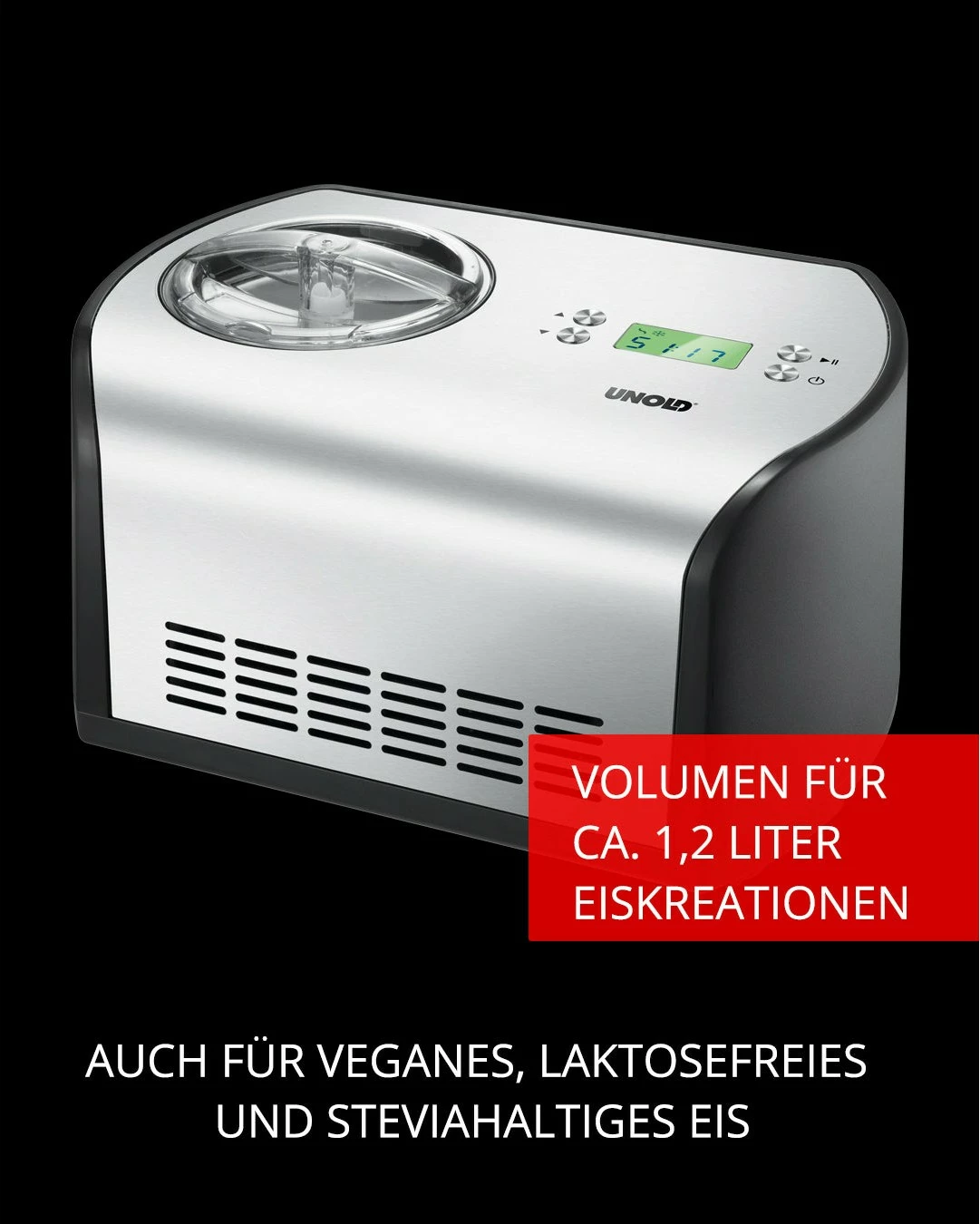 Aparat për akullore Unold 48865, 1.2 L, 30 min, LCD, 1.5 m, i zi