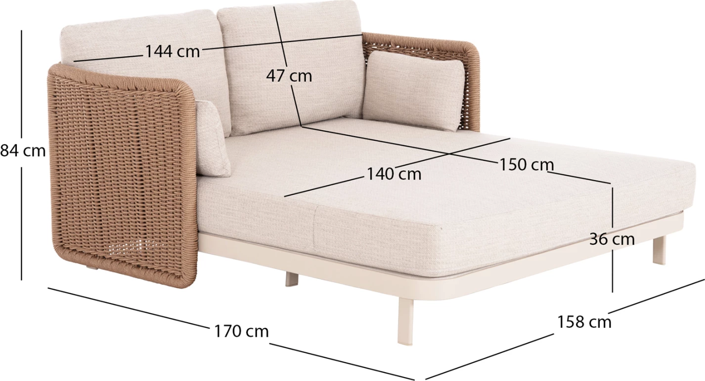 Daybed 2-vendësh DESTINY, alumin ngjyrë fildishi, ratan bezhë, 202x170x73.5cm