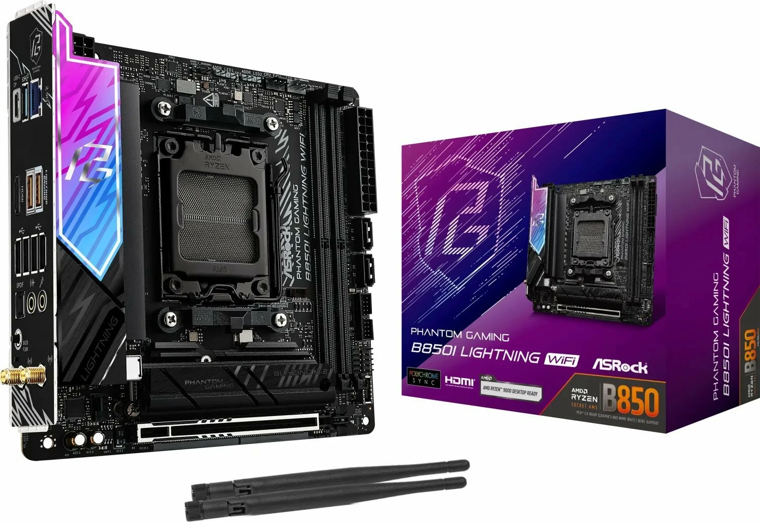 Pllakë amë ASRock Phantom Gaming B850I Lightning WiFi Mini-ITX, DDR5 deri 128GB, Wi‑Fi 6E, 2.5Gb LAN (me 2 antena WiFi)