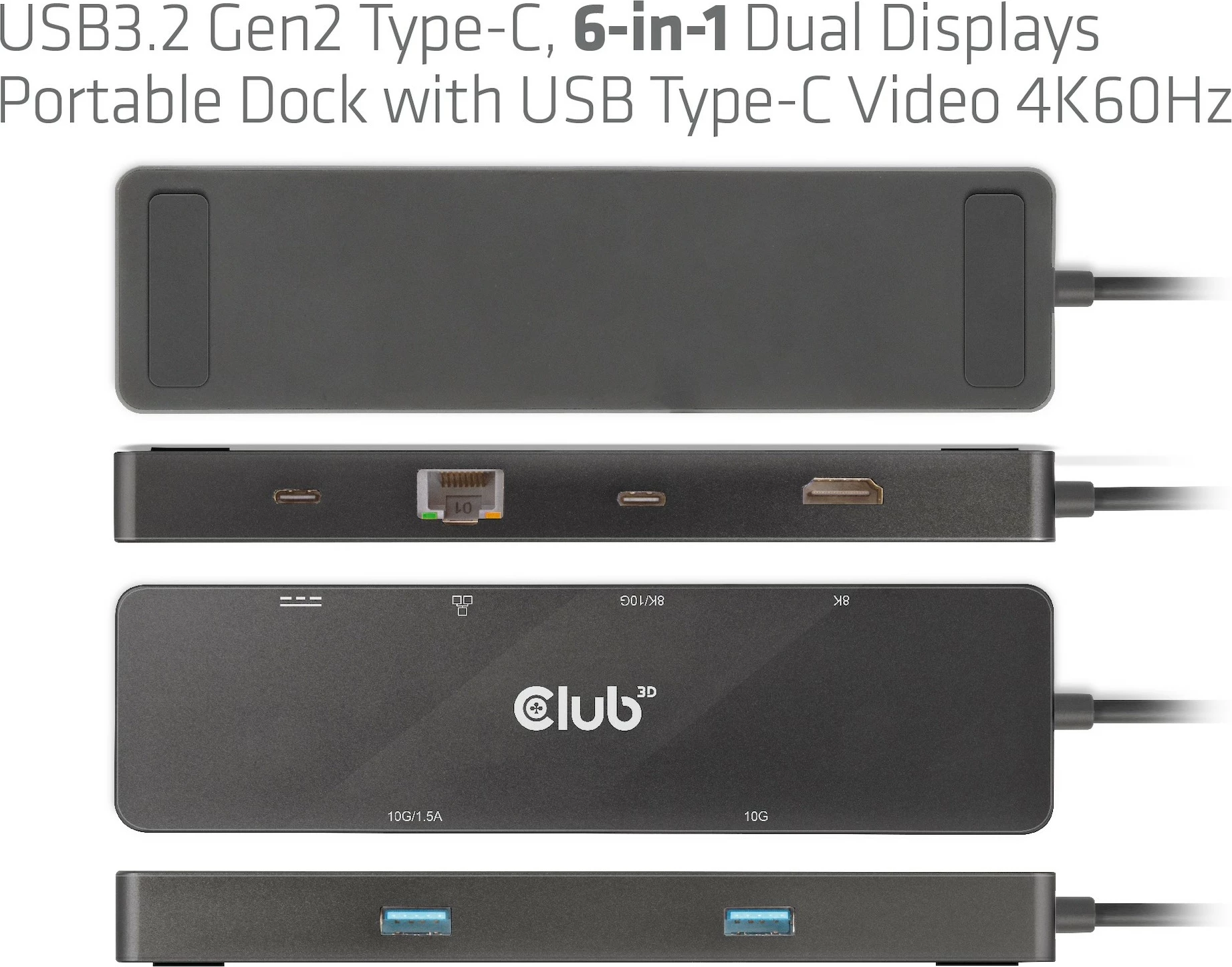 USB HUB Club3D 6in1, HDMI, 2xUSB-C, 2xUSB, LAN, 8K30Hz, PD100W, zi