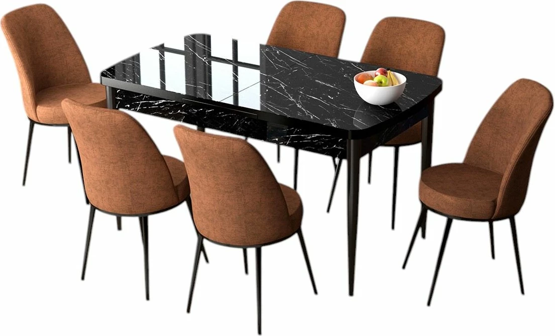 Set tavoline me karrige për ngrënie, i zgjatshëm, 7 copë, Skye Decor, mermer i zi, karrige ngjyrë të kuqe tile