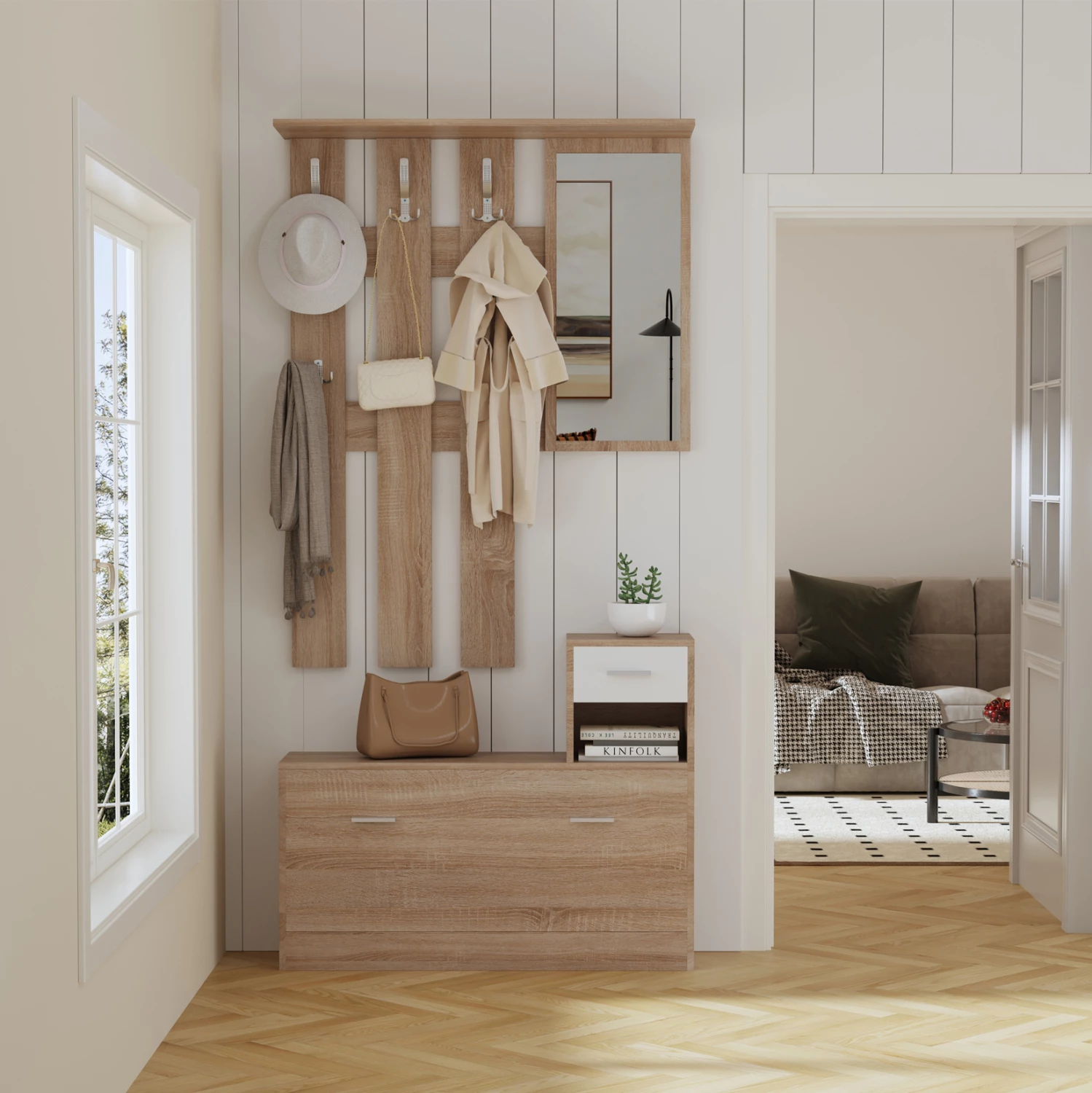 Set për hyrje me pasqyrë GORN FH2473.04 melaminë në ngjyrë Sonama-Bardhë 90x24x190Hcm