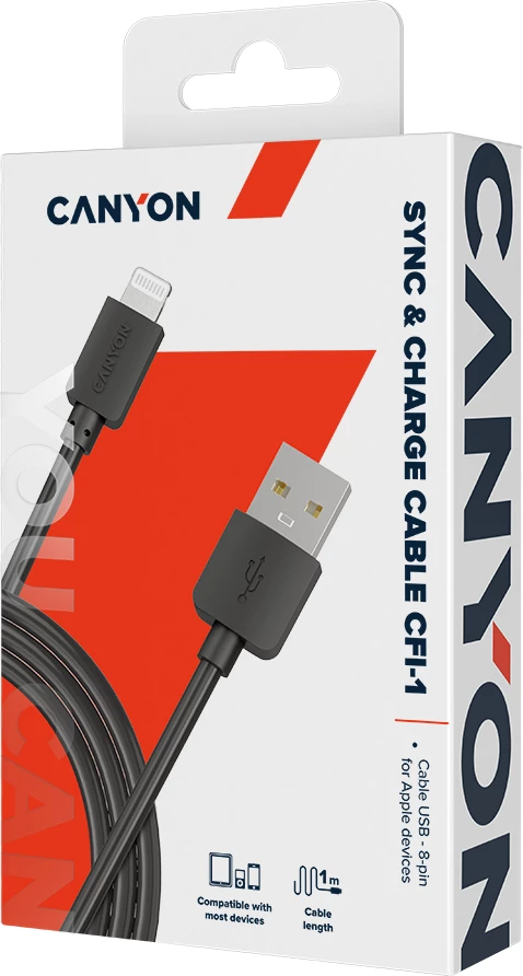 Kabllo USB CANYON CFI-1 Lightning (8-pin) në USB-A, 1 m, 5W, e zezë