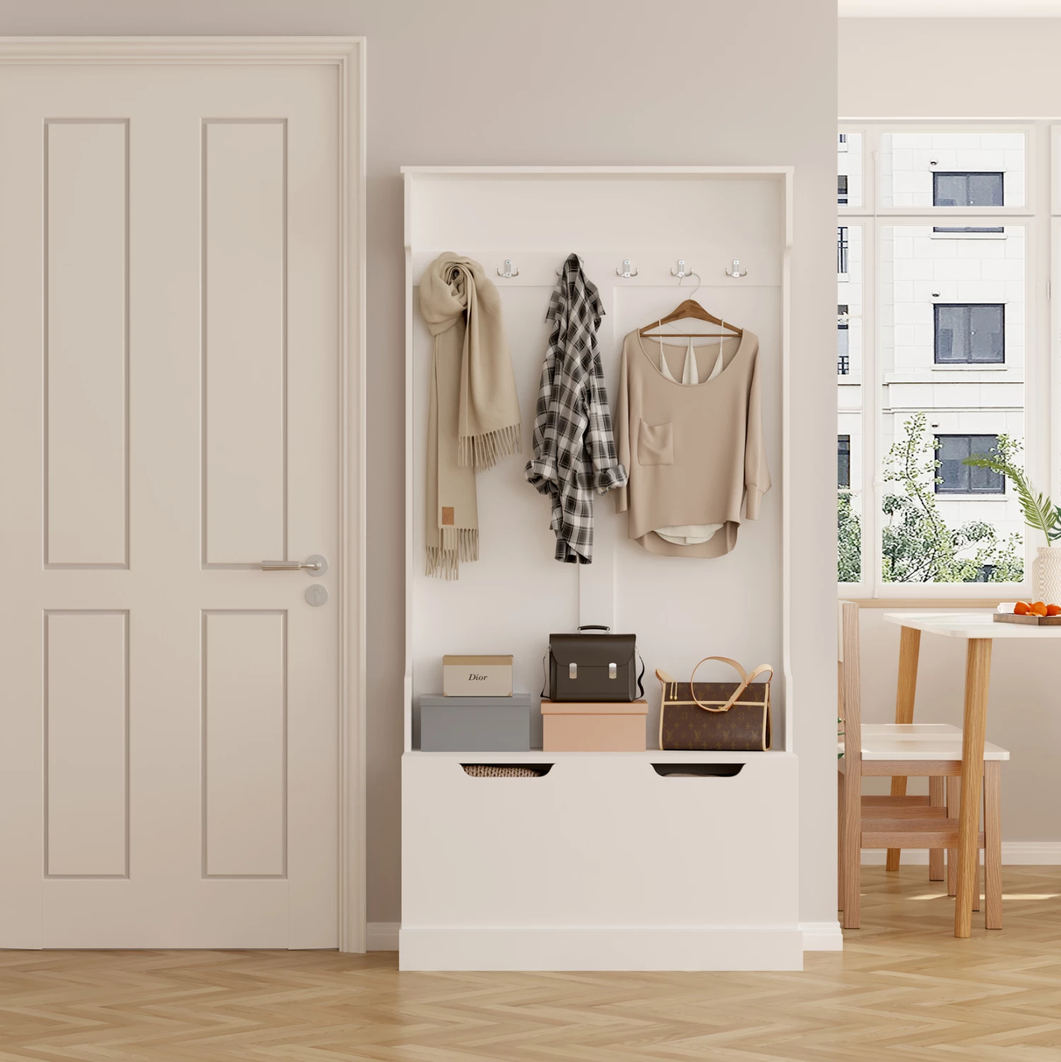 Mobilje për hyrje KAYLOR FH2475.03 me varëse dhe hapësirë ruajtjeje-MDF në të bardhë 93x34x180Hcm