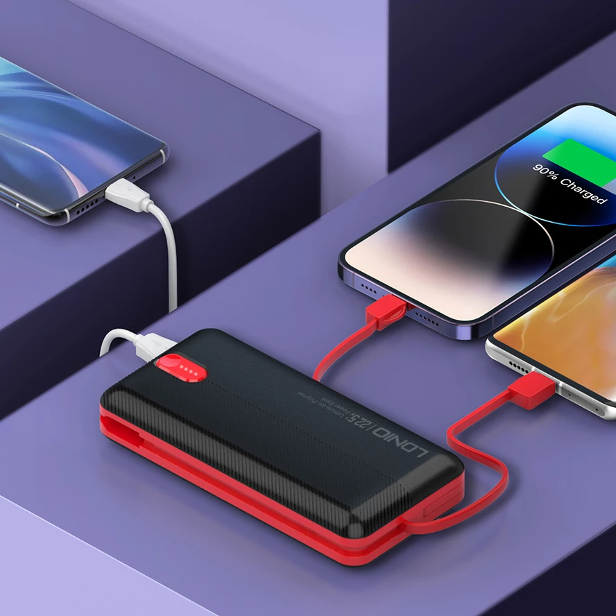 Power bank LDNIO PQ24 20000mAh 22.5W me 1x USB-A + kabllo të integruara USB-C/Lightning (1C1L), bardhë