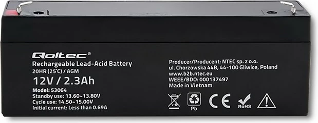Bateri AGM Qoltec 53064, 12V, 2.3Ah, e zezë